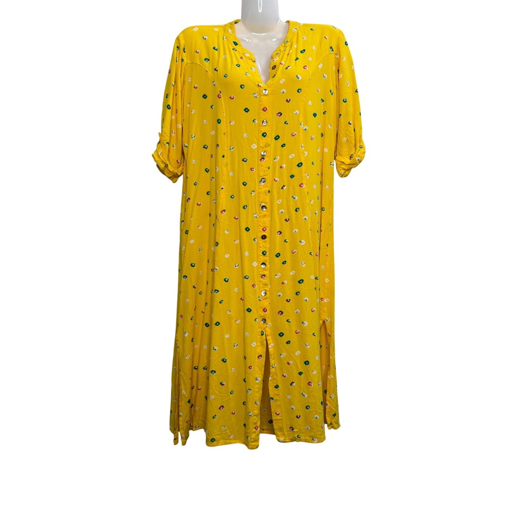 Boho Yellow Button Front Midi Dress Bright Geometric Print,Festival, soft Size L